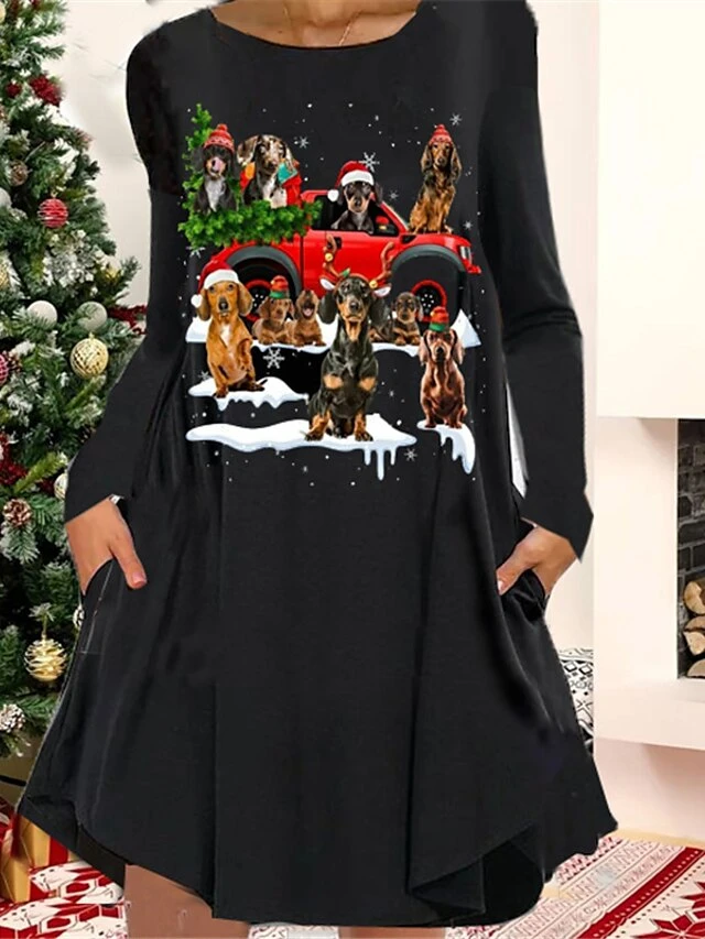 Women's Christmas Casual Dress T Shirt Dress Tee Dress Shift Dress Mini Dress Green Black Blue Long Sleeve Cat Pocket Winter Fall Autumn Crew Neck Fashion Christmas Daily 2022 S M L XL XXL 3XL 3 Women's Christmas Casual Dress T Shirt Dress Tee Dress Shift Dress Mini Dress Green Black Blue Long Sleeve Cat Pocket Winter Fall Autumn Crew Neck Fashion Christmas Daily 2022 S M L XL XXL 3XL - Image 3