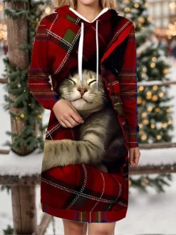 Women's Christmas Dress Hoodie Dress Mini Dress Warm Fashion Outdoor Christmas Holiday Hoodie Print Animal Geometric Loose Fit Wine Navy Blue Blue S M L XL XXL