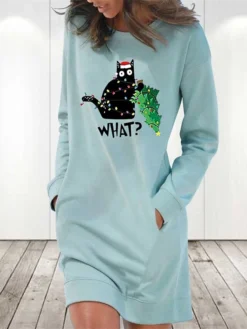 Women‘s Christmas Hoodie Dress Winter Dress Light Blue Grey White Long Sleeve Cat Tree Pocket Print Winter Fall Crew Neck Stylish Casual Fall Dress Loose Fit 2022 S M L XL 2XL / Cotton