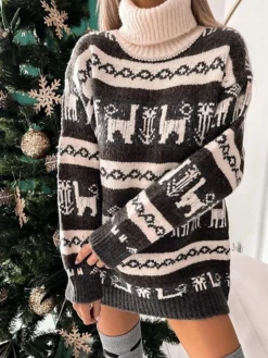 Women‘s Christmas Sweater Dress Jumper Dress Winter Dress Warm Animal Geometric Print Outdoor Christmas Casual Daily Turtleneck Long Sleeve 2023 Loose Fit Red Gray S M L XL -Fashion Life Shop arulre1694165715109