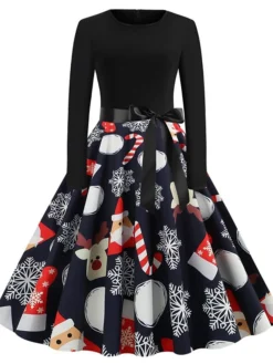 Women's Christmas Swing DressKnee Length Dress Black And White White Light Red Gold Red Long Sleeve Elk Snowman Bell Bow Print Fall Winter Round Neck Vintage Elegant 2022 S M L XL 2XL -Fashion Life Shop aruoij1634125863896