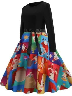 Women's Christmas Swing Dress Vintage Dress Midi Dress Green Blue Light Green Long Sleeve Santa Claus Bow Winter Fall Autumn Crew Neck Fashion Daily Date 2022 S M L XL XXL 3XL -Fashion Life Shop arzlnr1667894614890