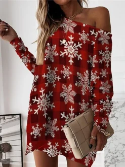 Women‘s Christmas Casual Dress Sweatshirt Dress Mini Dress Warm Fashion Outdoor Holiday Crew Neck Print Geometric Santa Claus Loose Fit White Rusty Red Red S M L XL XXL -Fashion Life Shop asggfx1694590811035