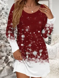 Women's Casual Dress Christmas Dress Winter Dress Snowman Snowflake Print V Neck Mini Dress Fashion Streetwear Outdoor Christmas Long Sleeve Loose Fit White Dark Red Wine Fall Winter S M L XL XXL