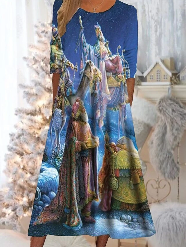 Women's Christmas Casual Dress Swing DressMidi Dress Blue Royal Blue Red Long Sleeve Santa Claus Snowflake Pocket Print Fall Winter Round Neck Vacation Casual 2022 S M L XL XXL 3XL 7 Women's Christmas Casual Dress Swing DressMidi Dress Blue Royal Blue Red Long Sleeve Santa Claus Snowflake Pocket Print Fall Winter Round Neck Vacation Casual 2022 S M L XL XXL 3XL - Image 7