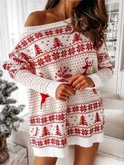 Women‘s Christmas Sweater Dress Jumper Dress Winter Dress Fashion Ugly Christmas Outdoor Christmas Daily Going Out Crew Neck Long Sleeve Patchwork 2023 Loose Fit White Red S M L XL -Fashion Life Shop atstax1694602153261