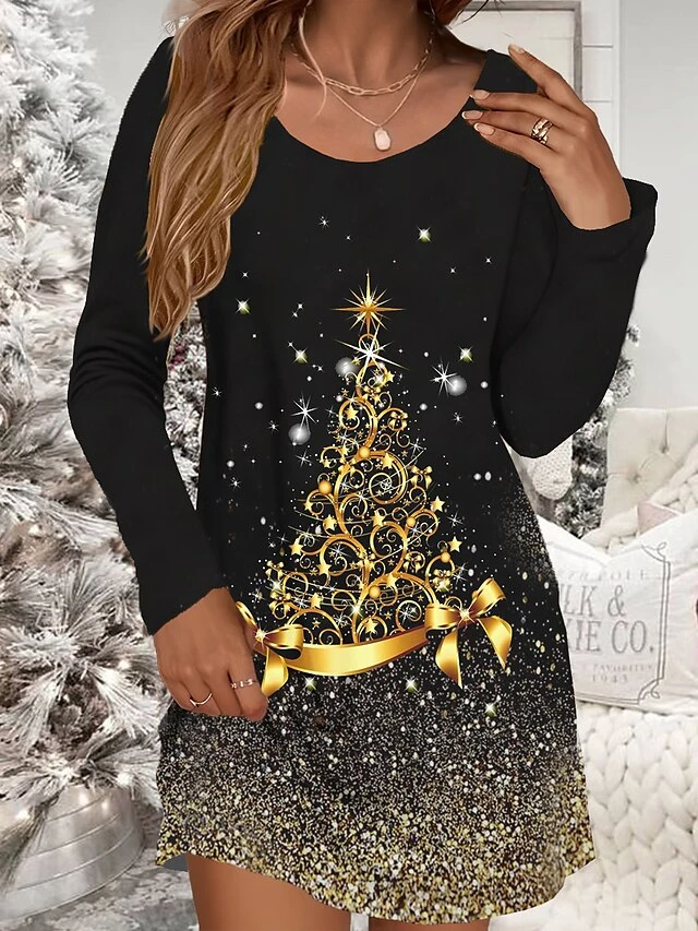 Women's Casual Dress Christmas Dress Winter Dress Christmas Tree Snowflake Print V Neck Mini Dress Fashion Streetwear Outdoor Christmas Long Sleeve Loose Fit Black Yellow Gold Fall Winter S M L XL XXL 2 Women's Casual Dress Christmas Dress Winter Dress Christmas Tree Snowflake Print V Neck Mini Dress Fashion Streetwear Outdoor Christmas Long Sleeve Loose Fit Black Yellow Gold Fall Winter S M L XL XXL - Image 2
