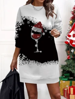 Women‘s Christmas Casual Dress Sweatshirt Dress Mini Dress Warm Fashion Outdoor Holiday Crew Neck Print Geometric Snowman Loose Fit Black Yellow Wine S M L XL XXL -Fashion Life Shop auuemt1695636224837