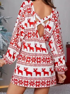 Women's Casual Dress Christmas Dress Sweatshirt Dress Animal Deer Backless Print Off Shoulder Bishop Sleeve Mini Dress Fashion Elegant Home Christmas Long Sleeve Loose Fit Red Green Fall Winter S M L -Fashion Life Shop avaacc1692874076998