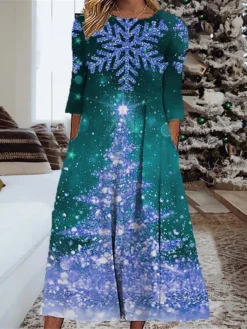 Women's Casual Dress Shift Dress Midi Dress Midi Dress Wine Blue Green 3/4 Length Sleeve Christmas Tree Ruched Spring Fall Winter Round Neck Fashion Christmas 2023 S M L XL XXL 3XL 4XL 5XL -Fashion Life Shop avqqni1668478376588