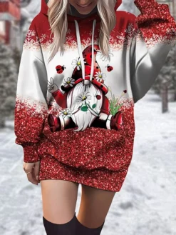 Women's Casual Dress Hoodie Dress Mini Dress Fashion Daily Outdoor Christmas Going Out V Neck Pocket Print Santa Claus Loose Fit Wine S M L XL XXL