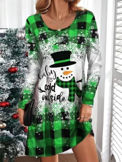 Women's Casual Dress Christmas Dress T Shirt Dress Tee Dress Plaid Snowman Print V Neck Mini Dress Fashion Streetwear Outdoor Christmas Long Sleeve Loose Fit Wine Blue Orange Fall Winter S M L XL XXL -Fashion Life Shop awpdtq1695382866007
