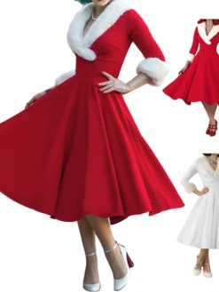 Women's Christmas Swing Dress Vintage Dress Midi Dress Red White Long Sleeve Pure Color Patchwork Winter Fall V Neck Vintage Stylish Elegant Fall Dress 2022 S M L XL XXL / Winter Dress