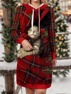 Women's Christmas Dress Hoodie Dress Mini Dress Warm Fashion Outdoor Christmas Holiday Hoodie Print Geometric Cat Loose Fit Wine S M L XL XXL