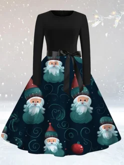 Women's Casual Dress Christmas Dress Sheath Dress Santa Claus Christmas Tree Lace Up Print Crew Neck Midi Dress Active Fashion Outdoor Christmas Long Sleeve Loose Fit Yellow Red Blue Fall S M L XL XXL -Fashion Life Shop axbcbe1694764254393