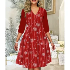 Women's Christmas Print Dress Wine Light Red Dark Green Red Black Long Sleeve Elk SnowmanTree Print Winter Autumn V Neck Fashion CasualFall Dress Loose Fit 2022 S M L XL 2XL 3XL 4XL 5XL -Fashion Life Shop axrvfg1668427180358