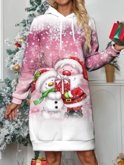 Women's Casual Dress Hoodie Dress Mini Dress Warm Fashion Outdoor Christmas Holiday Hoodie Print Santa Claus Snowman Snowflake Loose Fit Pink Blue Purple S M L XL XXL -Fashion Life Shop axzvqu1696733296295