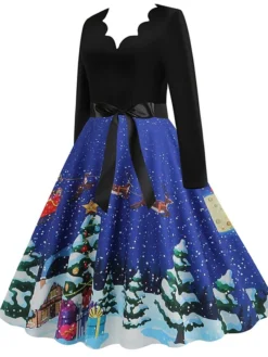 Women's Christmas Swing Dress Vintage Dress Midi Dress Green Blue Purple Long Sleeve Santa Claus Bow Winter Fall Autumn V Neck Fashion Daily Date 2022 S M L XL XXL 3XL -Fashion Life Shop aytznv1667894679717