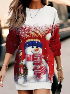 Women's Christmas Casual Dress Sweatshirt Dress Mini Dress Warm Fashion Outdoor Vacation Crew Neck Print Snowman Loose Fit Pink Red Green S M L XL XXL