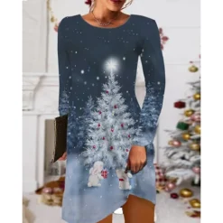 Women's Christmas Casual Dress T Shirt Dress Tee Dress Mini Dress Black Blue Red Long Sleeve Tree Snowflake Pocket Print Winter Fall Crew Neck Vacation Casual 2022 S M L XL XXL 3XL -Fashion Life Shop aztlkw1668238090344