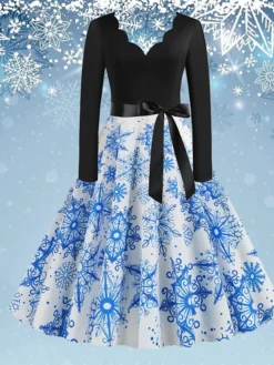 Women's Christmas Swing Dress Vintage DressKnee Length Dress Green Blue Wine Light Red Dark Green Red Long Sleeve Floral Snowman Tree Bow Print Fall Winter V Neck Vintage Fashion Casual 2022 S M L -Fashion Life Shop bafqlc1668077090170