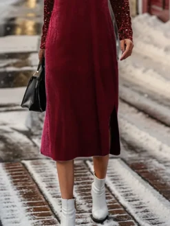 Women's Christmas Dress Velvet Dress Casual Dress Midi Dress Sequins Patchwork Outdoor Christmas Daily Fashion Streetwear Strap Long Sleeve 2023 Regular Fit Wine Color S M L XL XXL Size -Fashion Life Shop bakhli1697095929928