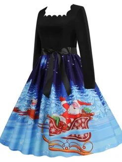 Women's Christmas Casual Dress Vintage Dress Midi Dress Black Blue Wine Long Sleeve Santa Claus Bow Winter Fall Spring Square Neck Vacation Christmas Daily Vacation 2022 S M L XL XXL 3XL -Fashion Life Shop baomkc1667637127531