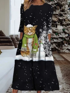 Women's Christmas Casual Dress Shift Dress Midi Dress Black 3/4 Length Sleeve Snowman Ruched Winter Fall Autumn Fashion Daily 2022 S M L XL XXL 3XL