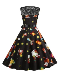 Women‘s Christmas Retro 1950s Vintage Dress Midi Dress Party Patchwork Bow Santa Claus Crew Neck Sleeveless Regular Fit Fall Winter 2023 Black White S M L XL -Fashion Life Shop bceiqr1694501417854
