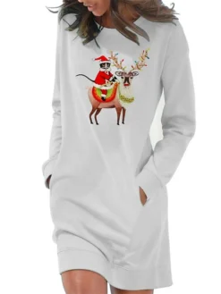 Women‘s Christmas Hoodie Dress Winter Dress Light Blue Grey White Long Sleeve Santa Claus Elk Pocket Print Winter Fall Crew Neck Stylish Casual 2022 S M L XL 2XL / Cotton -Fashion Life Shop bcekrz1666692065938