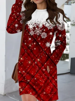 Women‘s Christmas Casual Dress Sweatshirt Dress Mini Dress Warm Fashion Outdoor Vacation Crew Neck Pocket Print Geometric Snowman Loose Fit Wine Navy Blue Royal Blue S M L XL XXL -Fashion Life Shop bcfrur1695027783204