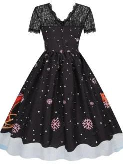 Women's Christmas Casual Dress Swing Dress Midi Dress Green Wine Light Red Fuchsia Red Black Short Sleeve Santa Claus Snowman Snowflake Lace Print Winter Fall Crew Neck Vacation Vintage 2022 S M L XL -Fashion Life Shop bclgaz1666761923314