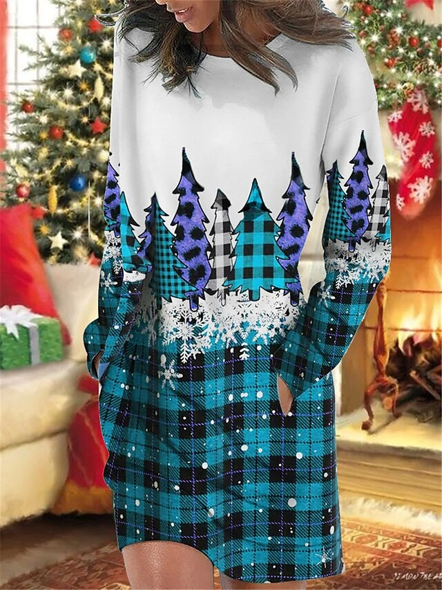 Women's Christmas Casual Dress Sweatshirt Dress Mini Dress Warm Fashion OutdoorHoliday Crew Neck Pocket PrintTree Snowflake Loose Fit Burgundy Blue Green S M L XL XXL 3 Women's Christmas Casual Dress Sweatshirt Dress Mini Dress Warm Fashion OutdoorHoliday Crew Neck Pocket PrintTree Snowflake Loose Fit Burgundy Blue Green S M L XL XXL - Image 3