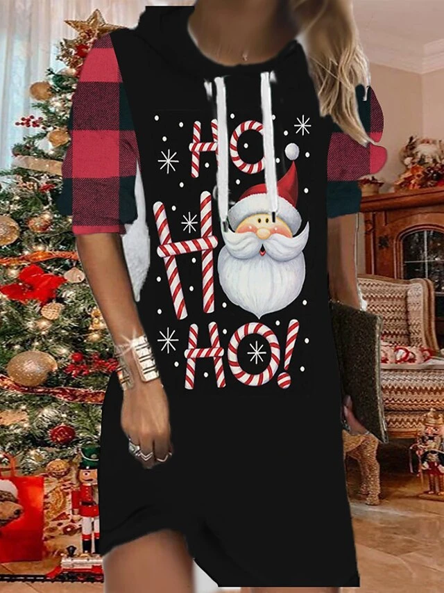 Women's Christmas Hoodie Dress Shift Dress Mini Dress Black Blue Wine Long Sleeve Plaid Print Fall Spring Hooded Fashion Christmas Daily Loose Fit 2022 S M L XL XXL 3XL 2 Women's Christmas Hoodie Dress Shift Dress Mini Dress Black Blue Wine Long Sleeve Plaid Print Fall Spring Hooded Fashion Christmas Daily Loose Fit 2022 S M L XL XXL 3XL - Image 2