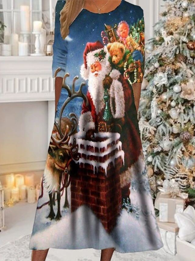 Women's Christmas Casual Dress Swing DressMidi Dress Blue Royal Blue Red Long Sleeve Santa Claus Snowflake Pocket Print Fall Winter Round Neck Vacation Casual 2022 S M L XL XXL 3XL 4 Women's Christmas Casual Dress Swing DressMidi Dress Blue Royal Blue Red Long Sleeve Santa Claus Snowflake Pocket Print Fall Winter Round Neck Vacation Casual 2022 S M L XL XXL 3XL - Image 4