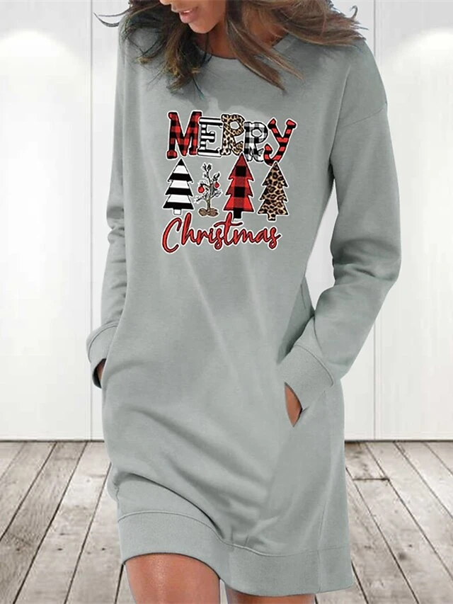 Women's Christmas Hoodie Dress Winter Dress Light Blue Grey White Long Sleeve Letter Tree Pocket Print Winter Fall Crew Neck Stylish Casual Fall Dress Loose Fit 2022 S M L XL 2XL / Cotton 2 Women's Christmas Hoodie Dress Winter Dress Light Blue Grey White Long Sleeve Letter Tree Pocket Print Winter Fall Crew Neck Stylish Casual Fall Dress Loose Fit 2022 S M L XL 2XL / Cotton - Image 2