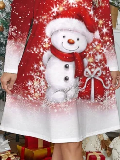 Women's Casual Dress Christmas Dress Winter Dress Snowman Print Scalloped Neck Mini Dress Fashion Streetwear Outdoor Christmas Long Sleeve Regular Fit Wine Fall Winter S M L XL XXL -Fashion Life Shop beotkr1696671738484