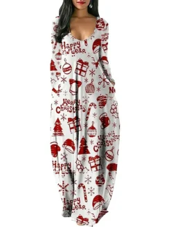 Women's Christmas Swing Dress Green Wine Light Red Long Sleeve Snowman Print Winter Fall Autumn Deep U Modern Weekend 2022 S M L XL 2XL 3XL -Fashion Life Shop besrus1667980520060