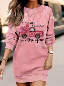 Women's Christmas Casual Dress Sweatshirt Dress Mini Dress Warm Fashion OutdoorVacation Crew Neck PrintTree Loose Fit Pink Rusty Red Red S M L XL XXL -Fashion Life Shop bezpvk1695644598655