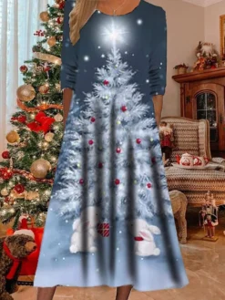 Women's Christmas Casual Dress Swing Dress Midi Dress Midi Dress Black Blue Navy Blue Half Sleeve Snowman Pocket Winter Fall Autumn Round Neck Fashion Christmas Daily 2022 S M L XL XXL 3XL -Fashion Life Shop bfczqw1668404119813