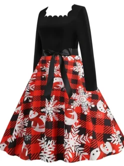 Women's Christmas Casual Dress Vintage Dress Midi Dress Black Blue Wine Long Sleeve Santa Claus Bow Winter Fall Spring Square Neck Vacation Christmas Daily Vacation 2022 S M L XL XXL 3XL -Fashion Life Shop bfnrqq1667637135837