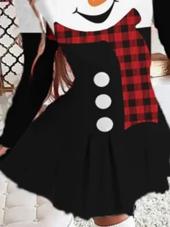 Women's Christmas Swing DressShort Mini Dress Black And White Long Sleeve Plaid Snowman Print Pleated Print Fall Winter Crew Neck Stylish Romantic 2022 S M L XL 2XL 3XL 4XL 5XL 6XL -Fashion Life Shop bggxiy1665661009985