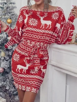 Women's Casual Dress Christmas Dress Sheath Dress Stripe Snowflake Lace Up Print Crew Neck Mini Dress Fashion Modern Christmas Daily Long Sleeve Regular Fit Red Fall Winter S M L -Fashion Life Shop bgnrht1695888621569