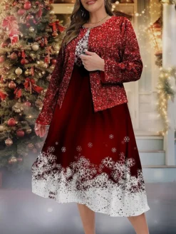 Women's Christmas Plus Size Curve Christmas Dress Party Dress Sequin Dress Snowflake Midi Dress Long Sleeve Print Crew Neck Fashion Outdoor Wine Fall Winter L XL XXL 3XL 4XL