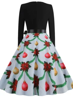 Women's Christmas Casual Dress Swing Dress Midi Dress Blue Purple Royal Blue Light Blue White Long Sleeve Santa Claus Elk Tree Bow Print Winter Fall V Neck Vacation Vintage 2022 S M L XL -Fashion Life Shop bgskvo1666927312018