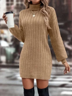 Women‘s Christmas Sweater Dress Jumper Dress Winter Dress Active Outdoor Christmas Street Daily Stand Collar Long Sleeve Ruched Patchwork 2023 Regular Fit Olive Khaki S M L XL XXL -Fashion Life Shop bhduqb1693391494919
