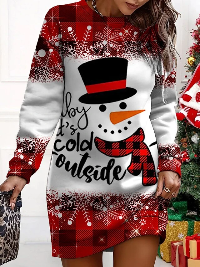 Women‘s Christmas Casual Dress Sweatshirt Dress Mini Dress Warm Fashion Outdoor Holiday Crew Neck Print Snowman Print Loose Fit Wine Red Purple S M L XL XXL 4 Women‘s Christmas Casual Dress Sweatshirt Dress Mini Dress Warm Fashion Outdoor Holiday Crew Neck Print Snowman Print Loose Fit Wine Red Purple S M L XL XXL - Image 4