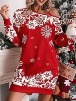 Women's Casual Dress Christmas Dress Winter Dress Snowflake Cold Shoulder Print V Neck Mini Dress Active Fashion Outdoor Christmas Long Sleeve Loose Fit Red Fall Winter S M L XL -Fashion Life Shop bippqz1697537426364