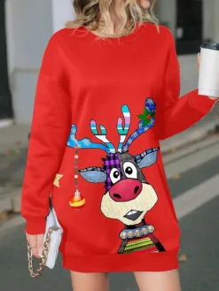 Women's Casual Dress Christmas Dress Sweatshirt Dress Deer Print Crew Neck Mini Dress Fashion Streetwear Outdoor Christmas Long Sleeve Loose Fit Wine Fall Winter S M L XL XXL