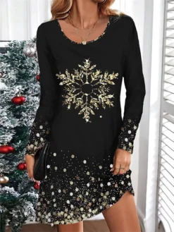 Women's Casual Dress Christmas Dress T Shirt Dress Tee Dress Christmas Tree Snowflake Print V Neck Mini Dress Fashion Streetwear Outdoor Christmas Long Sleeve Loose Fit Black Yellow Orange Fall Winter